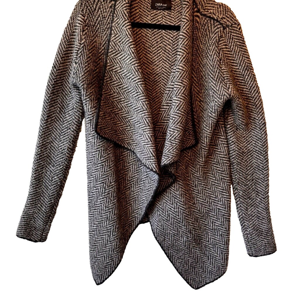 ZARA Sweater Cardigan Small Herringbone Dark Brown Black Open Front Black Trim - Picture 2 of 9